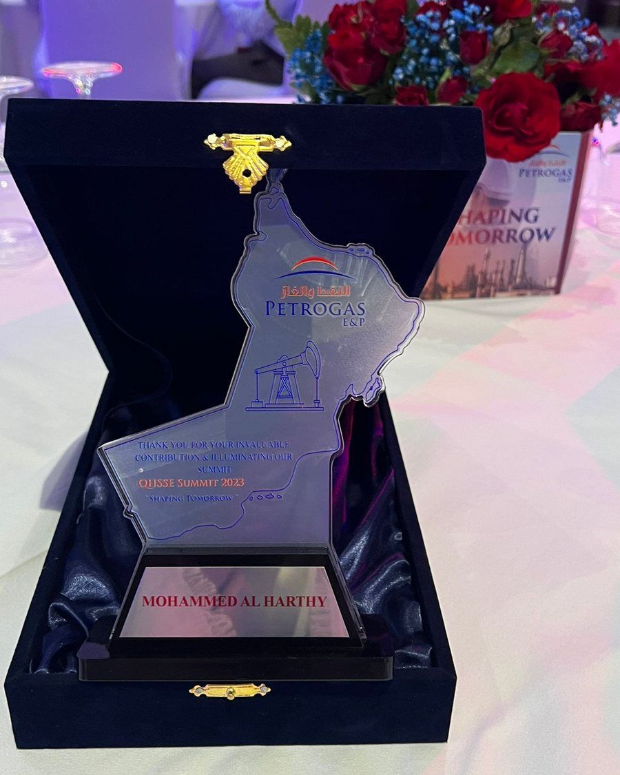Award of appreciation presented to Mohammed Al Harthy at the Petrogas E&P QHSSE Summit 2023